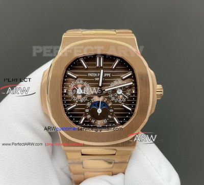 PPF Swiss Replica Patek Philippe Nautilus Perpetual Calendar Brown Dial Rose Gold Watch 